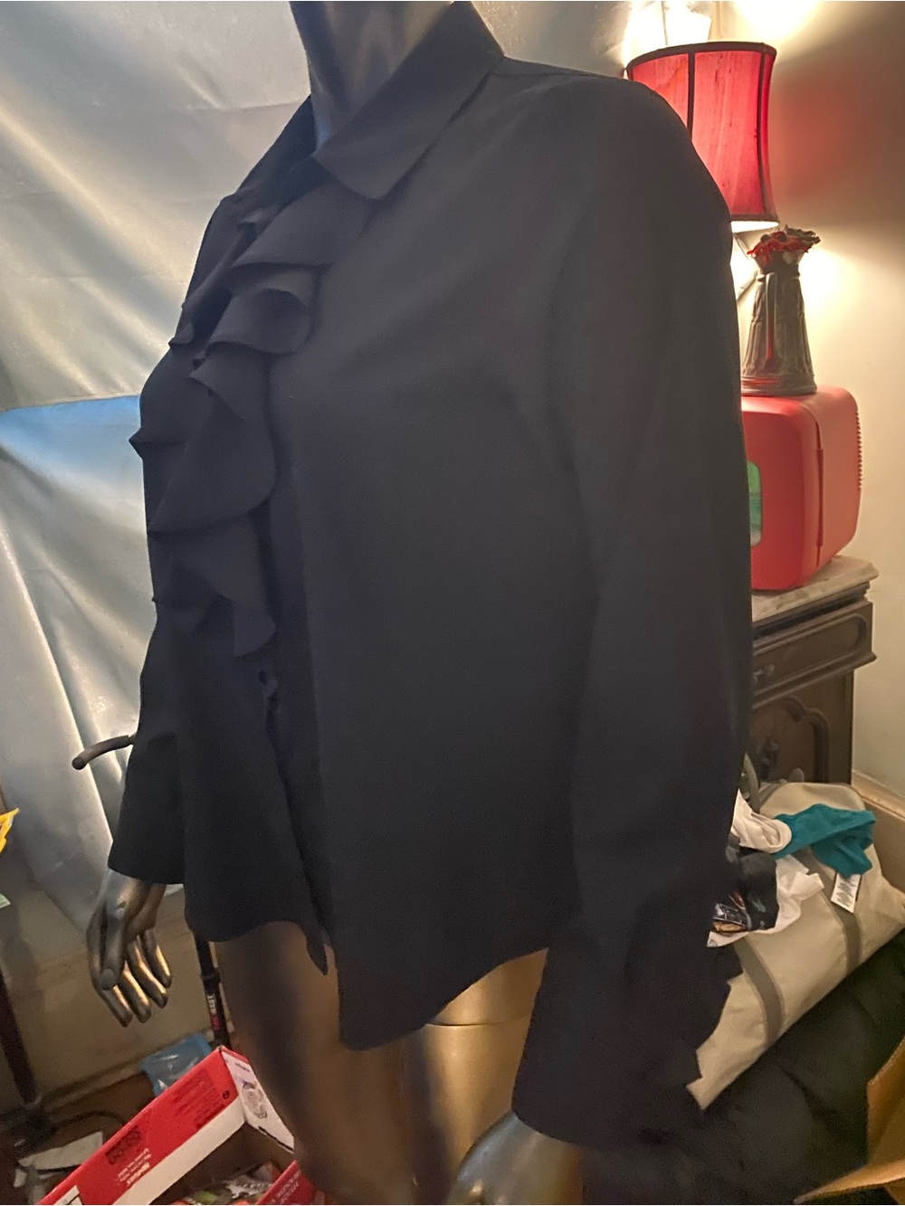 Karl Lagerfeld Black Ruffle Front Button-Down Shirt - Picture 3 of 5